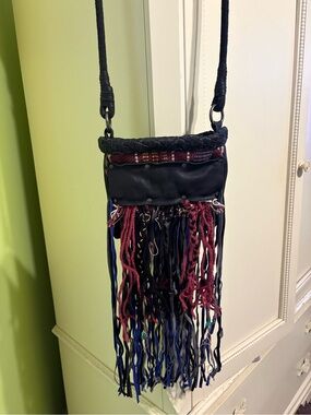 Free people Fringe Crossbody Bag in Black with Red & Blue Accents